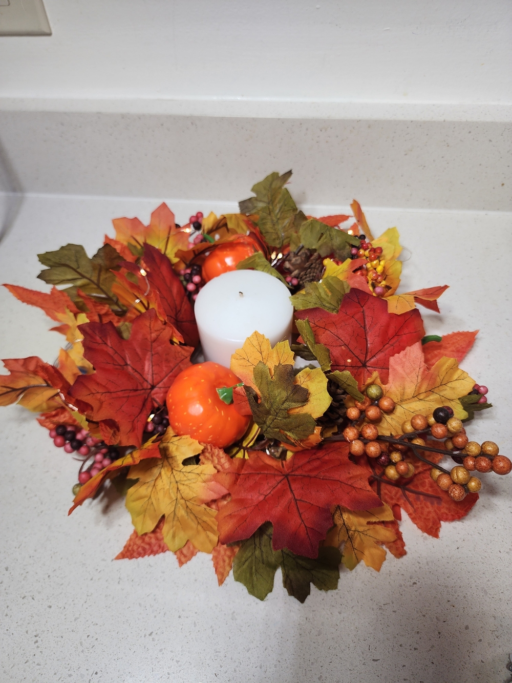 Fall Candle Lighted Centerpiece - Autumn Leafs & Pumpkins Orange, Green